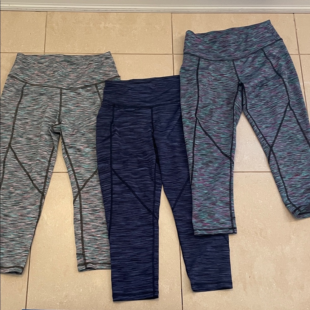 Set of 3 Space Dye Leggings Multicolor Tek Gear Capri Blue Pink Teal size M